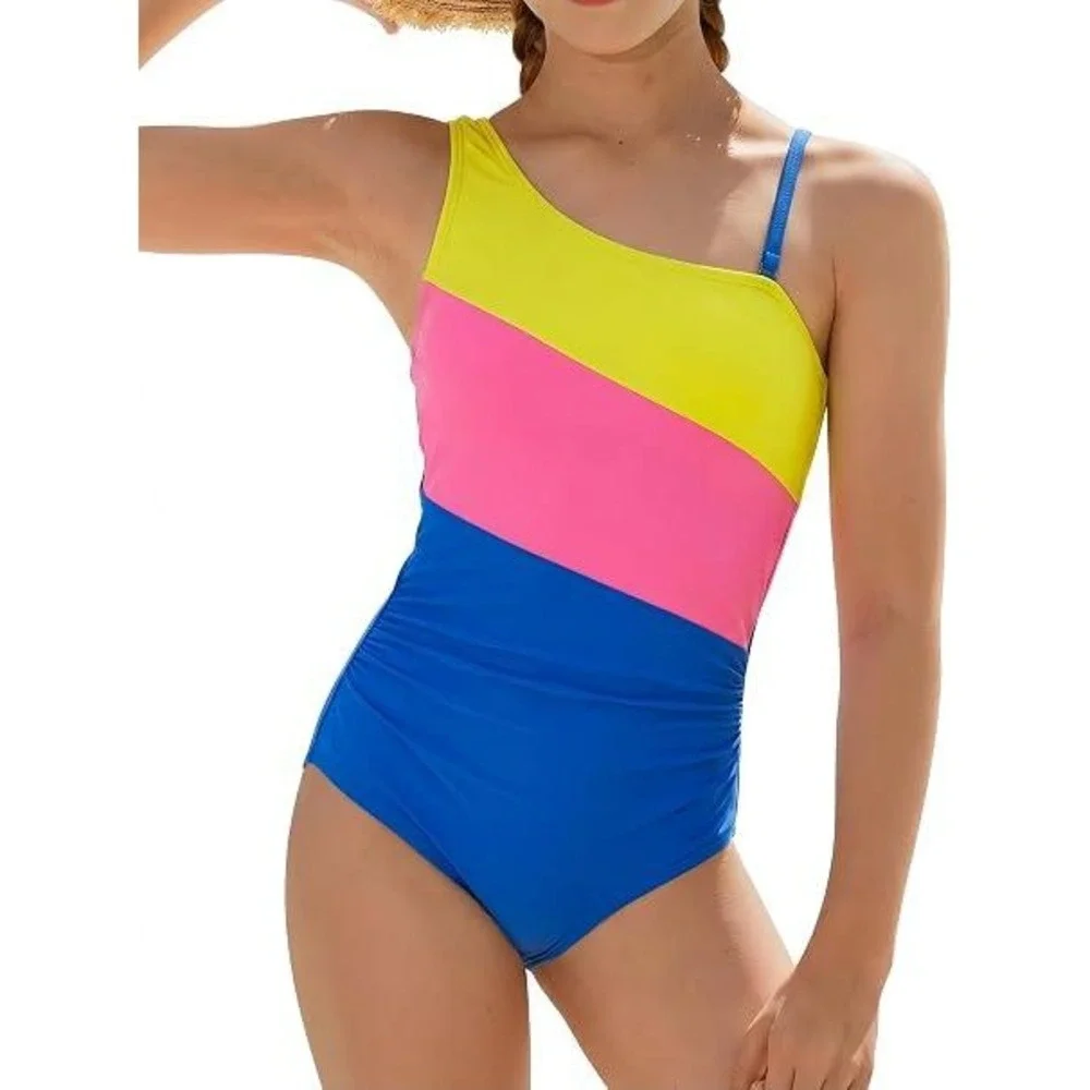 Girls Colorblock One Shoulder One Piece Swimsuit Yellow Pink Blue Size 14Y